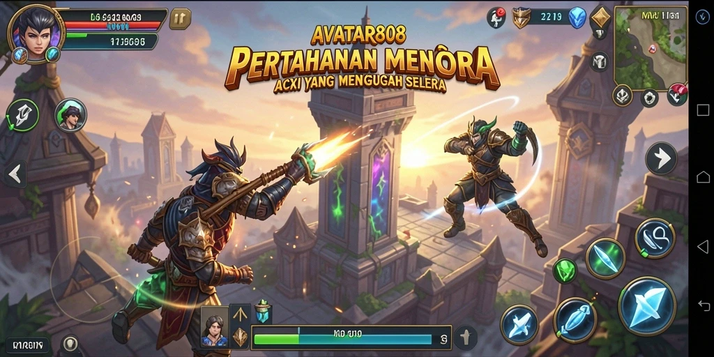 Tangkapan layar utama AVATAR808 menampilkan aksi intens pertahanan menara.