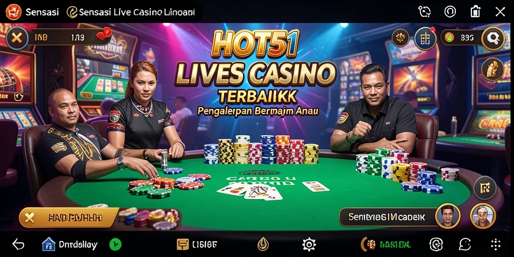 Screenshot gameplay HOT51 menampilkan dealer live dan suasana kasino yang nyata.