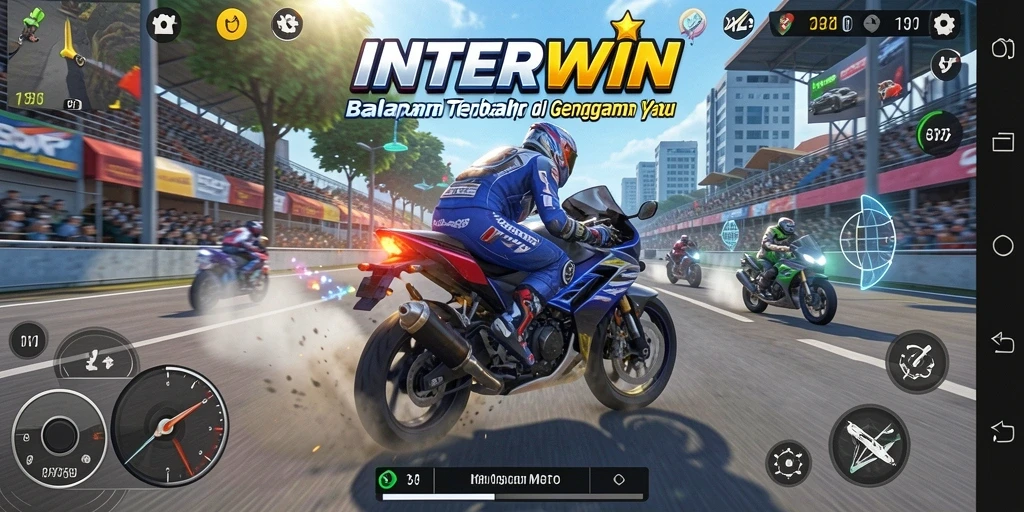 Tangkapan layar INTERWIN menampilkan balapan motor yang mendebarkan dan grafis yang menarik.