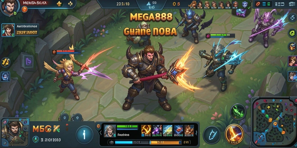 Tangkapan layar gameplay MEGA888 menunjukkan pertempuran epik di arena.