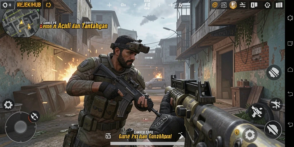 Screenshot gameplay menunjukkan aksi tembak-menembak seru di REJEKIHUB.