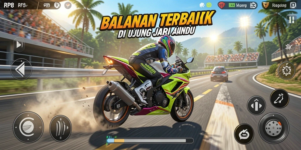 Tampilan screenshot utama RP8 menunjukkan aksi balapan motor yang seru dan mendebarkan.